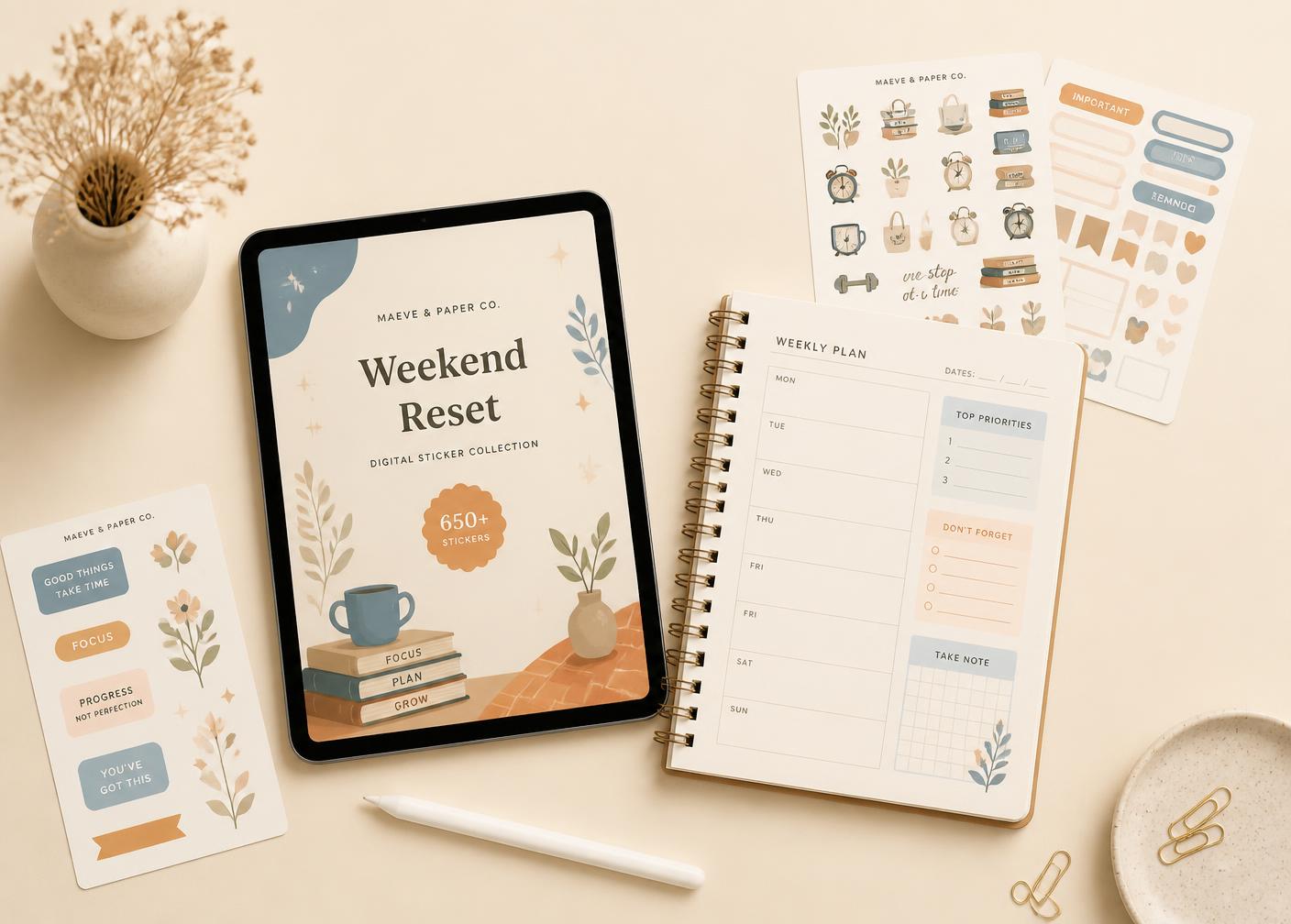 Tablet mit digitalen Sticker-Sets und Planer-Seiten auf hellem Untergrund